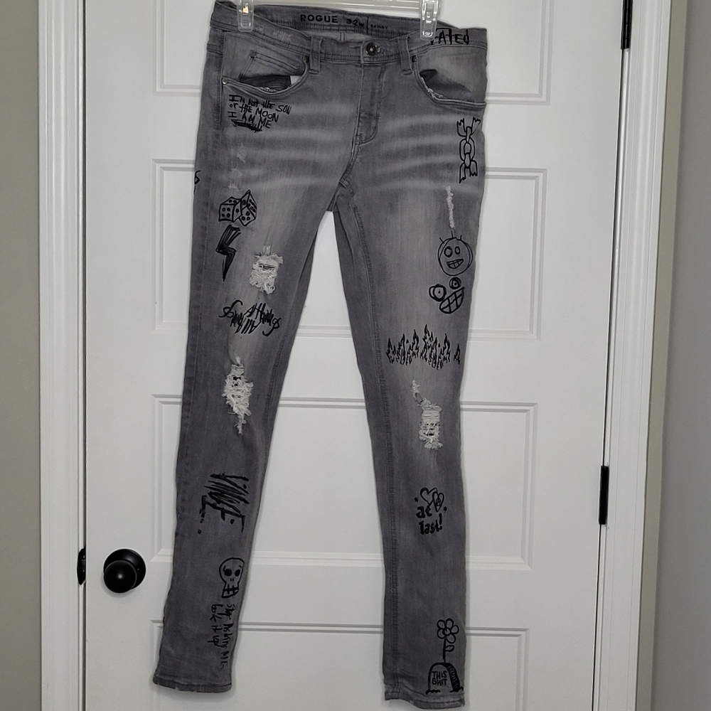 Ninth Hall Rogue Tapered Printed Smoke Skinny Mens Casual Jeans Sz 32w Skinny